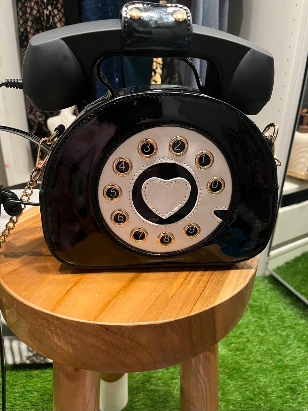 Black Patent Phone Handbag with Heart Dial